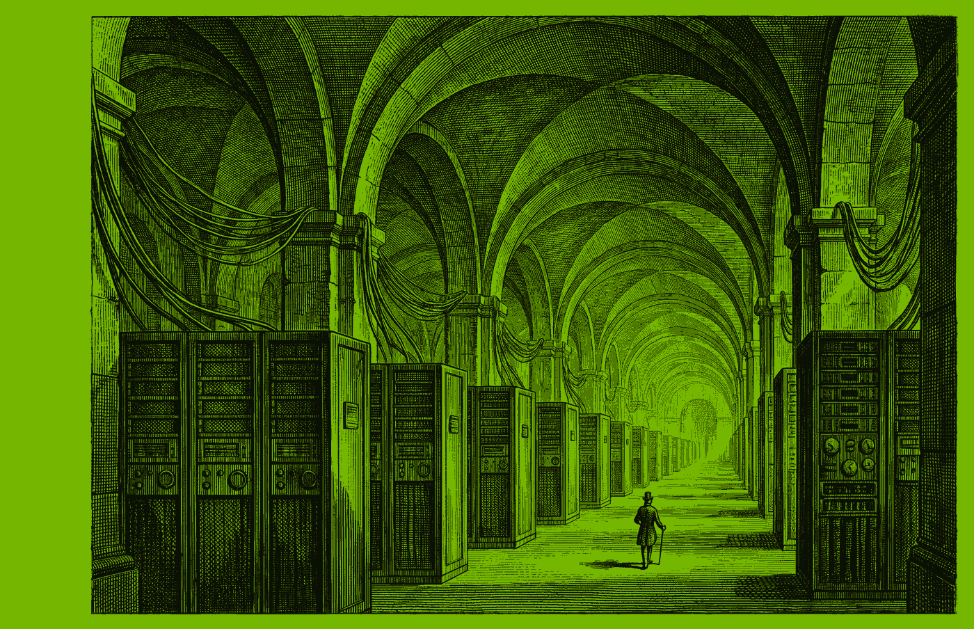 Engraving of a vaulted hall lined with rows of server racks